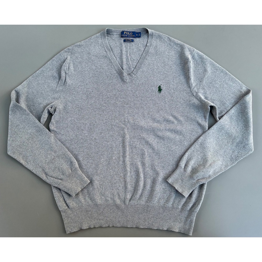 Polo Ralph Lauren Mens Gray Pima Cotton V-Neck Sweater Small Green Pony Logo